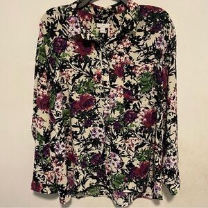 Floral Button-Up Blouse - Cream with Purple & Green